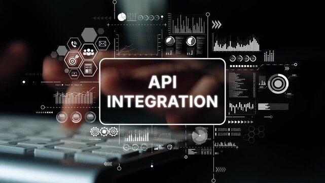 Hands Typing on Keyboard with API Integration Concept and Data Visualization Elements for Technology and Business Themes. Asymptotic smart data analytic.
