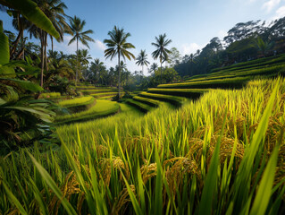 Obraz premium Bali rice terraces with lush green palm trees