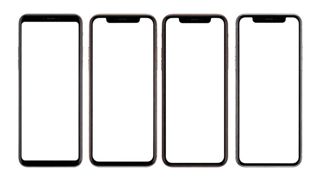 Four phones with dark screens are displayed, differing in color black, rose-gold, red-rose, and silver