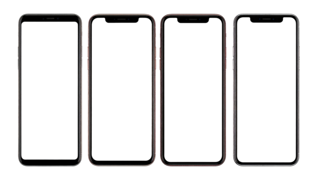 Four phones with dark screens are displayed, differing in color black, rose-gold, red-rose, and silver