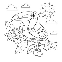 Obraz premium A toucan perches on a branch with leaves and berries under a smiling sun, coloring page for kids