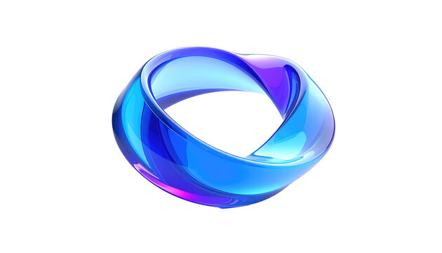 Abstract Mobius strip of glossy, reflective blue and purple gradient, twisting form on a stark black background