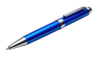 Blue metallic pen resting diagonally on a black background, showcasing its silver accents and smooth cylindrical form