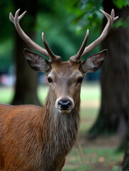 Naklejka premium Red deer stag standing in a forest looking at camera