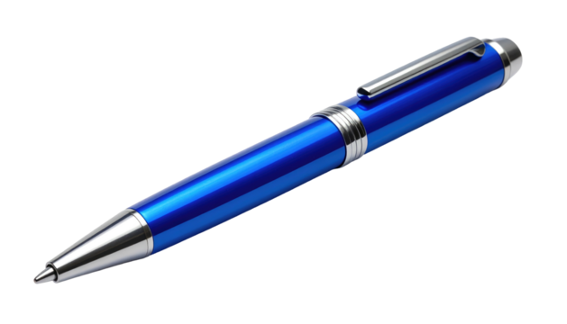 Blue metallic pen resting diagonally on a black background, showcasing its silver accents and smooth cylindrical form