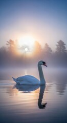 Fototapeta premium Majestic swan glides on a misty lake at sunrise.