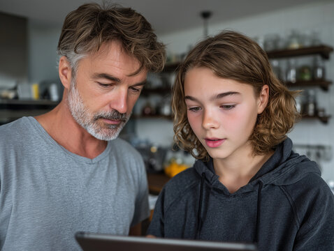 Father and daughter using digital tablet for learning