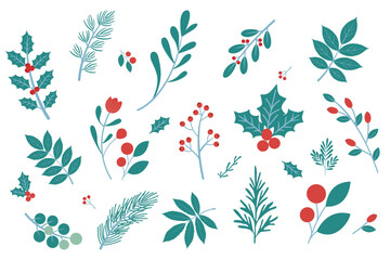  Editable Winter Leaves Vector Illustration, Holly Branches and Berries, Minimal Flat Botanical Clipart for Holiday Decoration. Clipart Collection for Seasonal Greeting Card and Poster
