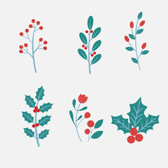 Winter Leaves Bundle Vector Set with Red Berries and Evergreen Branches, Minimalist Botanical Illustration for Christmas and Holiday Design.