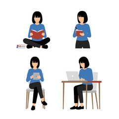Flat vector illustration of a woman performing various actions such as reading a book, holding a notebook, using a tablet, and working on a laptop.