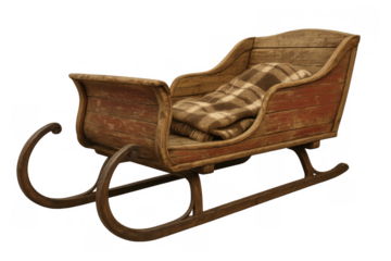 Vintage wooden sleigh with a plaid blanket, ready for winter holidays and christmas travel on transparent background
