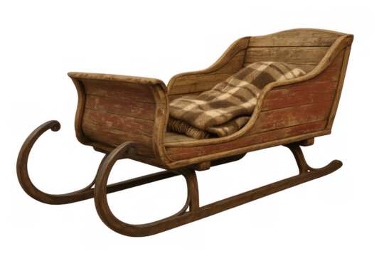 Vintage wooden sleigh with a plaid blanket, ready for winter holidays and christmas travel on transparent background