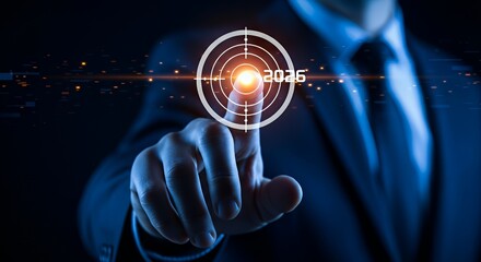 Business Professional Touching Digital Futuristic Target with Year 2046 in Dark Office Setting