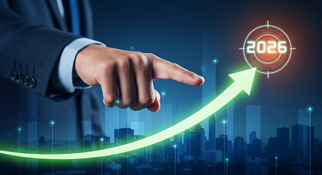 Businessman Hand Pointing at Upward Trend Graph with 2026 Future Forecast in Digital City Background