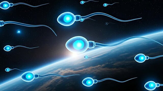 Fertilization concept: An abstract illustration showcasing the microscopic world of sperm cells, navigating through space toward an egg, symbolizing conception and the beginning of life.