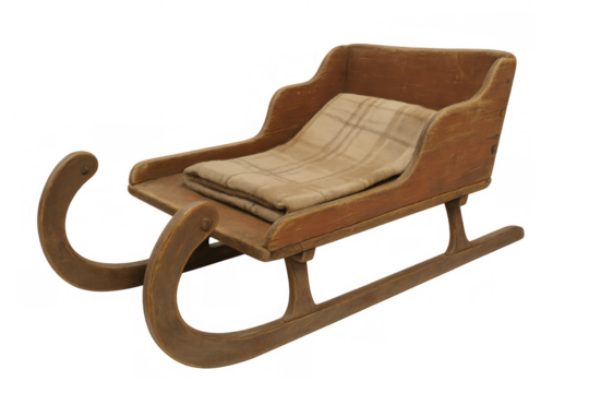 Wooden vintage sled for winter holidays, rustic toboggan with plaid blanket, ready for snow and festive seasons