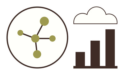 Network diagram with interconnected nodes, bar chart with ascending bars, and cloud icon. Ideal for analytics, data science, technology, networking, cloud computing statistics minimalism. Simple