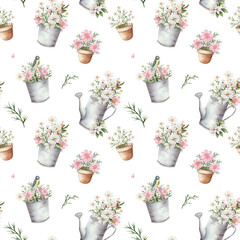 Seamless watercolor pattern with pink and white garden flowers in metal buckets, clay pots, watering cans. Apple blossom, chamomile, with small bird, butterfly. White background