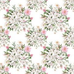 Watercolor seamless pattern with delicate white, pink, and green wildflowers and apple tree branches. White background. Wedding, wallpaper, backgrounds, textures.