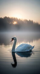Fototapeta premium Majestic swan glides on calm water at sunrise amidst gentle mist.