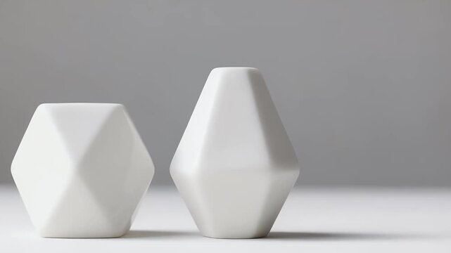 Elegant minimalist still life featuring two white geometric decorative objects on a clean white surface with a soft gray background.