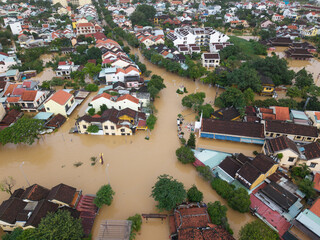  The deepest flood in history in Hoi An, Da Nang 2025. Aerial view of flooded ancient Asian town...