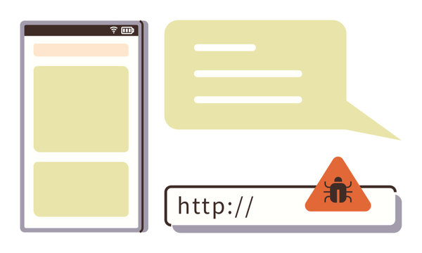 Smartphone interface, text message, and malicious link with bug warning icon. Ideal for cybersecurity, phishing awareness, online threats, data protection, digital safety, secure browsing