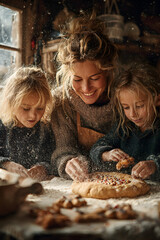 smiling children and mother baking Christmas cookies at home .