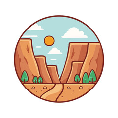 An illustration of canyon landscape with a path and sun
