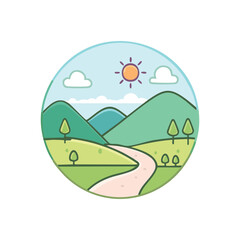 Scenic Illustration of a winding road through a picturesque mountain landscape, with a bright sun overhead. The image features rolling hills, lush greenery, and fluffy clouds.