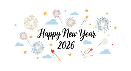 Vibrant Happy New Year 2026 Celebration with Fireworks and Stars Design