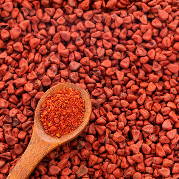 Bixa Orellana - Crushed annatto seeds in the spoon