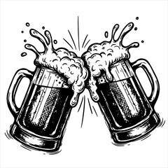 Cheers two beer mug toast splashing. Engraving style for brewery or bar menu, celebration, event, fest, graphic, poster. Vector illustration