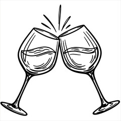 Two clinking wine glasses with splashes of drink. Toasting celebration concept. Hand drawn sketch style. Vector illustration for greeting card, party, icon