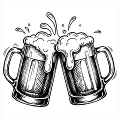 Two beer mugs clinking with splashing foam and bubbles. Toast concept. Hand drawn style. Vector illustration for pub menu, brewery design