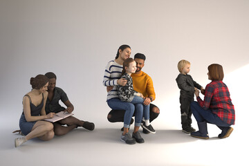 Two families interacting with each other in a studio.