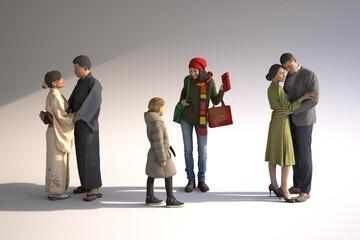 Diverse figures are shown couples families and individuals standing together lovingly.
