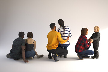 Displays three couples or groups with a child shown in it.