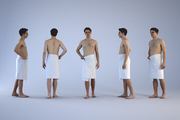 Five men wearing white towels stand against a light background studio.