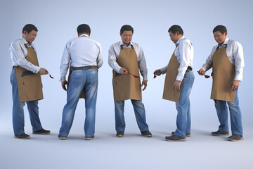 Man in jeans and an apron holding a spoon.