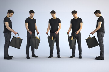 Five identical men carrying shopping bags against a gray background.