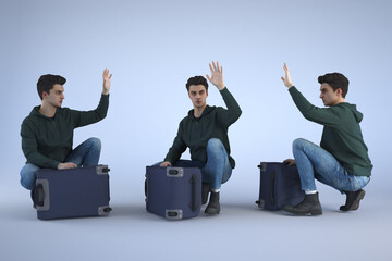 Three identical young men squat on suitcases and wave hello there.