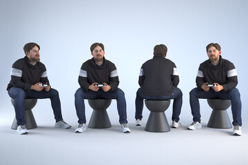 Man playing video games in multiple angles.