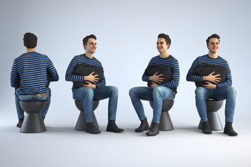 Four poses of a man sitting with a bag.