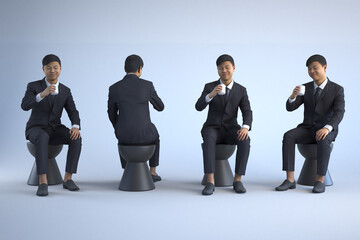 Four images show a man in a suit drinking from a mug.