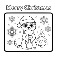 Fototapeta premium Meerkat beside Christmas tree, coloring book page for toddlers Generative AI