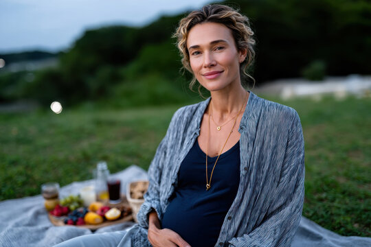 A serene portrait of a pregnant woman sitting outdoors in a stylish setting, reflecting beauty and the joy of motherhood amidst a picturesque nature backdrop.