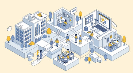 Obraz premium Isometric illustration concept of a blended learning environment, showing the integration of a traditional school campus with remote online education