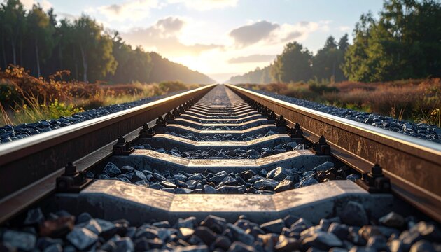 Endless Railway Track through Forest at Golden Hour