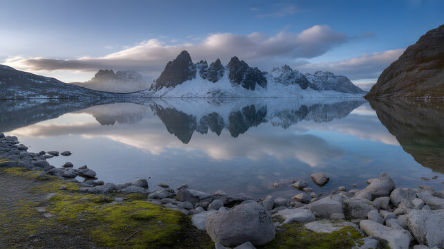 Scenic mountain range reflecting in calm lake snow-capped peaks under a cloudy sky a tranquil landscape